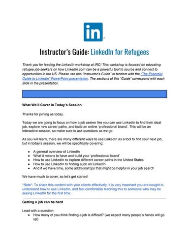 Instructor's Guide: LinkedIn 101 for Refugees