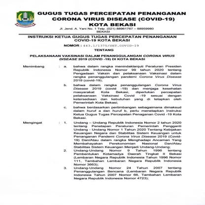 Instruksi Ketua GTTP Pelaksanaan Vaksinasi Penanggulangan Covid19 di Kota Bekasi
