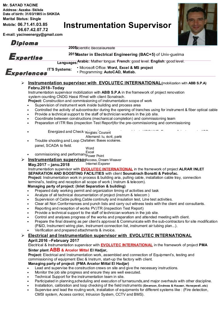 Instrumentation supervisor cv