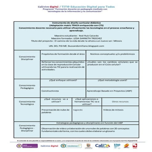 Instrumento de diseño curricular didáctico elaborado para la clase. 