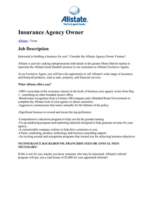 Allstate Insurance Agency Owner Salary Insurance Agency Owner | PDF