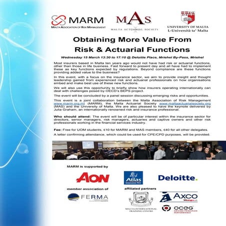 15 March 2017 Half Day Seminar - Obtaining More Value From Risk & Actuarial Functions