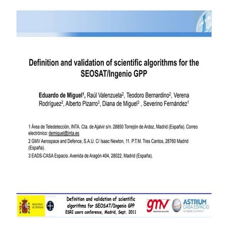 Definition and Validation of Scientific Algorithms for the SEOSAT/Ingenio GPP