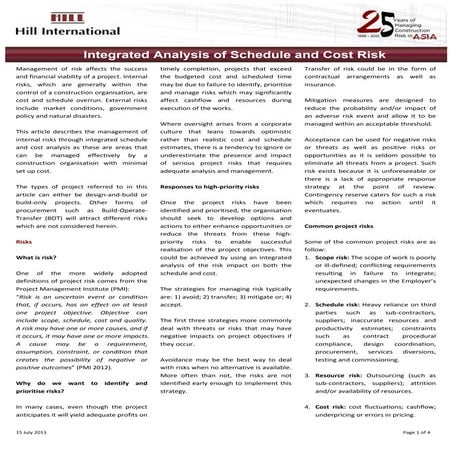 Integrated Analysis of Schedule and Cost Risk