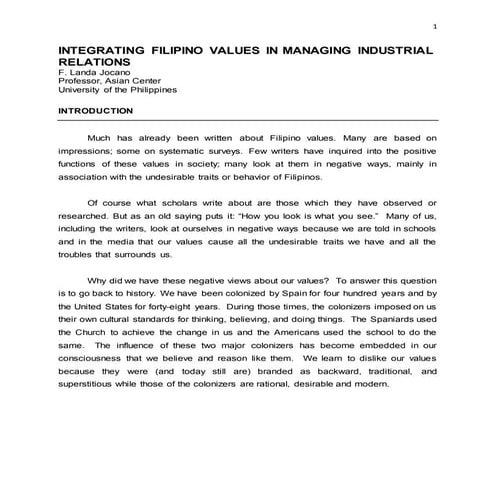 INTEGRATING FILIPINO VALUES IN MANAGING INDUSTRIAL RELATIONS