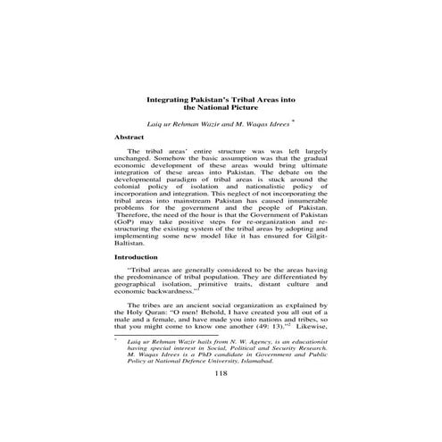 Integrating Pakistan’s Tribal Areas into the National Picture