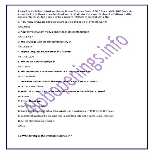 Intelligence Bureau Previous Interview Question Papers