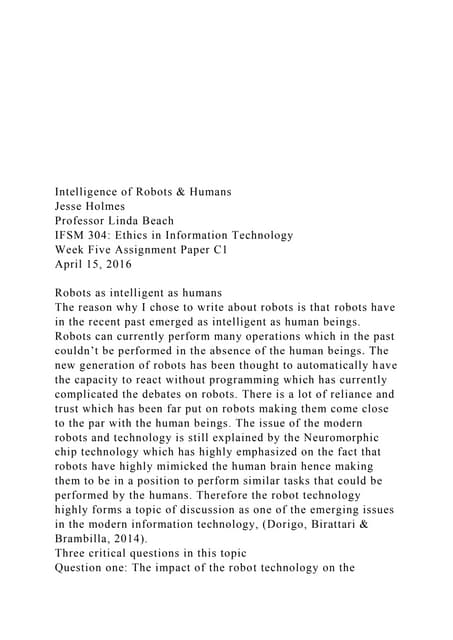 Intelligence of Robots & Humans Jesse HolmesProf.docx