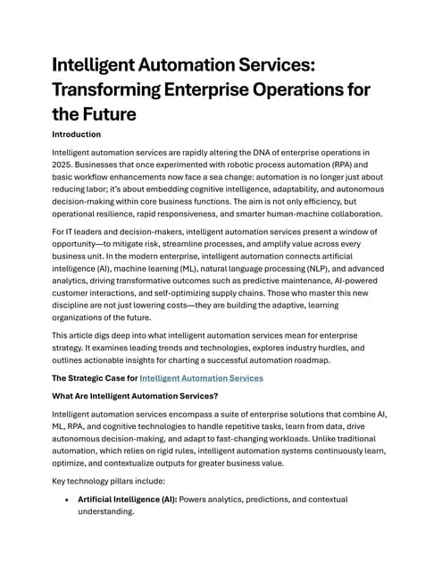 Intelligent Automation Services: Transforming Enterprise Operations for the Future