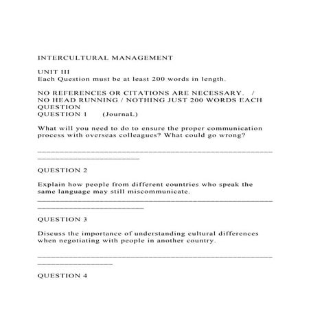 INTERCULTURAL MANAGEMENTUNIT III    Each Question must b.docx