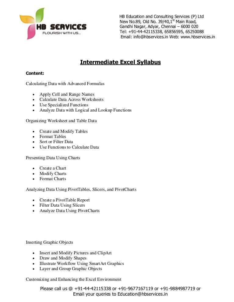 intermediate excel syllabus www hbservices in