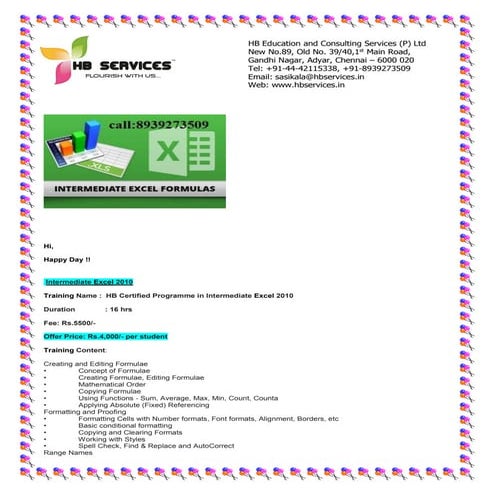 Intermediate excel training centre  in adyar