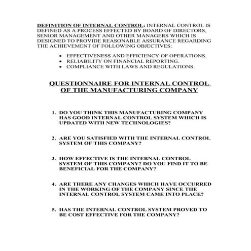 INTERNAL CONTROL SYSTEM -QUESTIONNAIRE