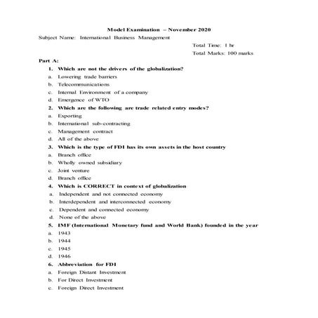 International business management - Model exam november 2020