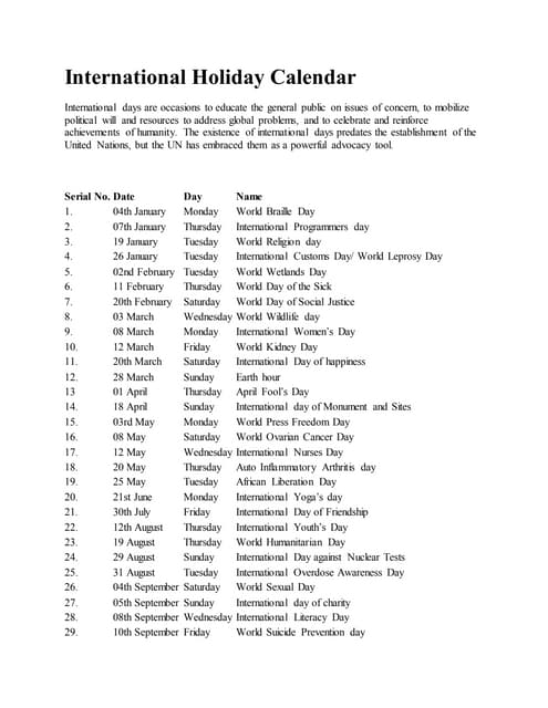 International holiday calendar pdf International holiday calendar pdf