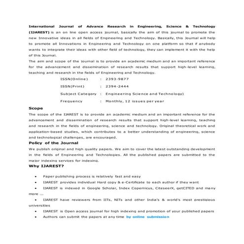 International journal of advance research in engineering