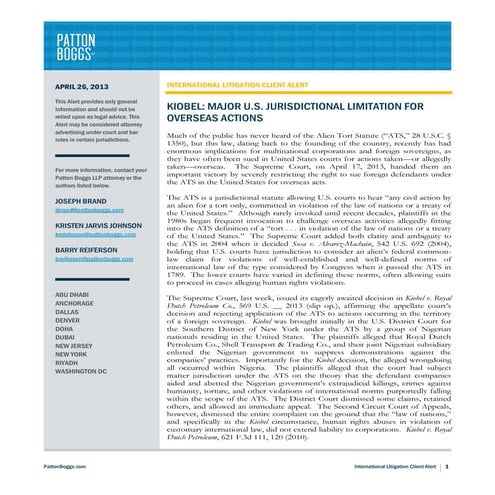 Kiobel: Major U.S. Jurisdictional Limitation for Overseas Actions