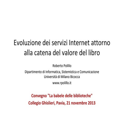 Evoluzione dei servizi Internet attorno alla catena del valore del libro