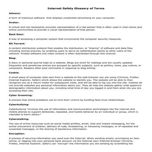 Internet Safety Glossary of Terms