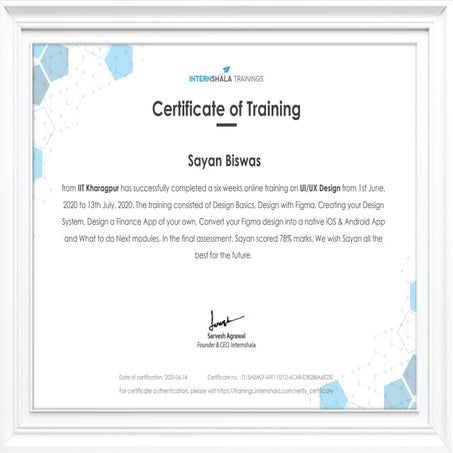 Internshala UI/UX Design Training Certificate of completion | PDF