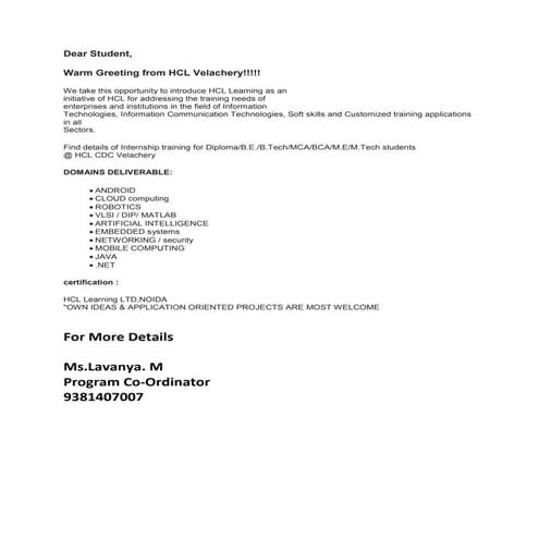 Internship @ HCL Velachery, Chennai.