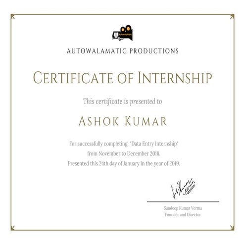Data entry and image processing Internship certificate ashok kumar