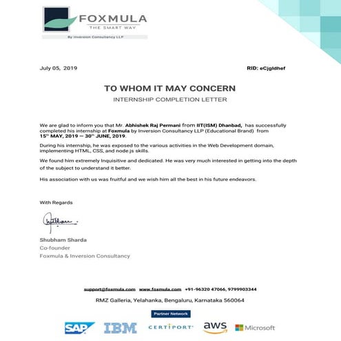 Internship completion letter