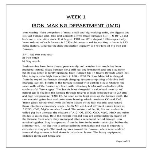 Internship report Of Pakistan Steel Mill