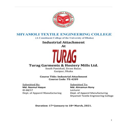 Internship report  of Turag Garments & Hosiery Mills Ltd.
