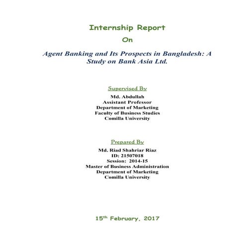 Internship report on agent banking and its prospects in bangladesh a study on...