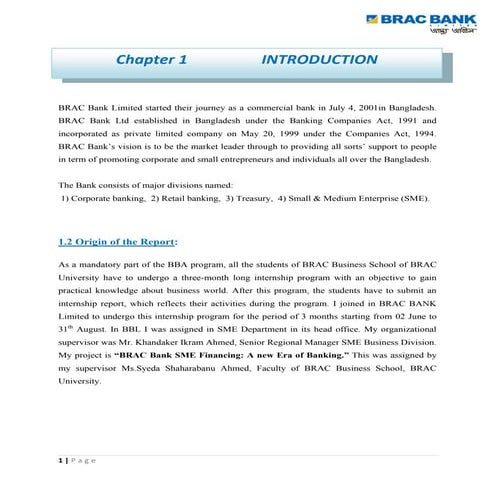 Internship report on BRAC bank sme financing