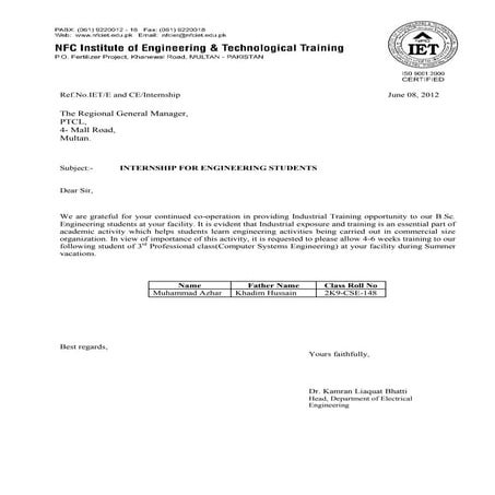 Internship sample letter