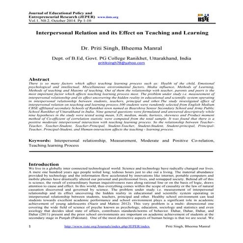 Interpersonal relation and its effect on teaching and learning | PDF