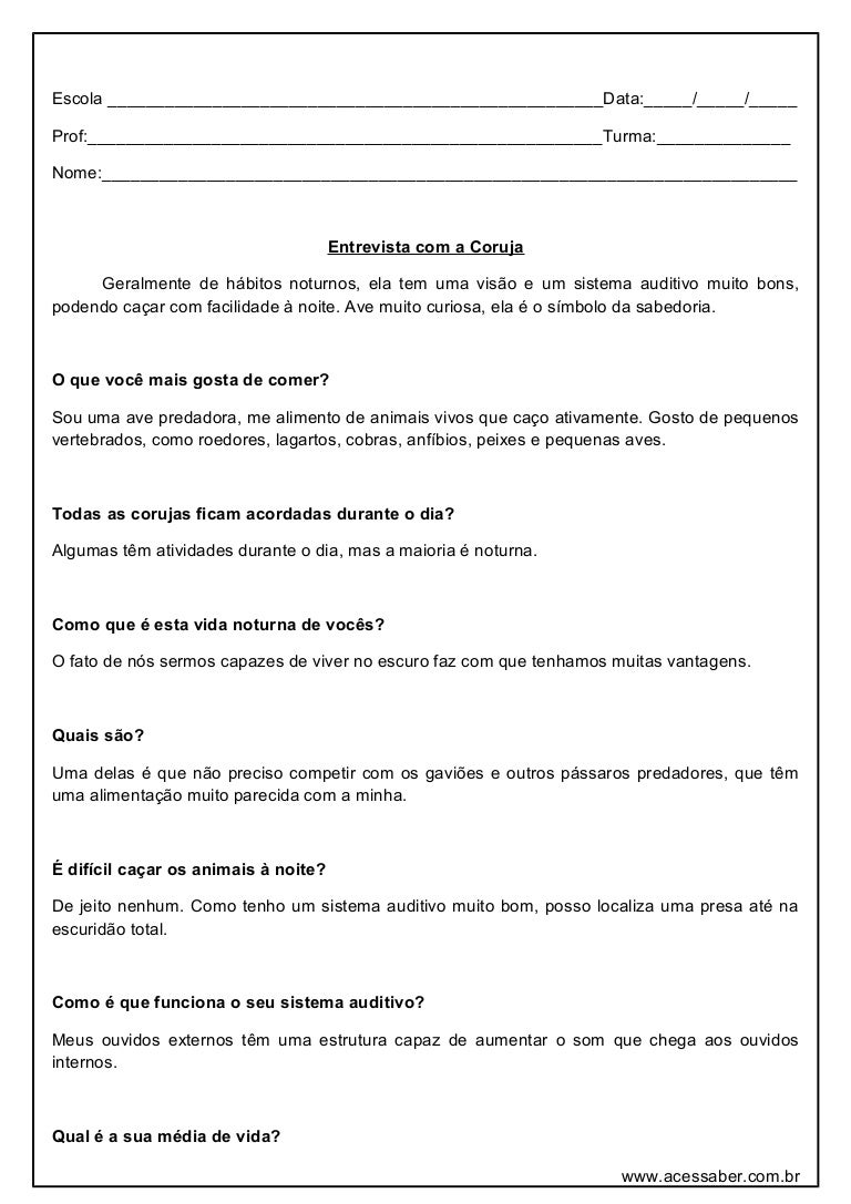 Interpretação De Texto Entrevista 5o Ano Com Gabarito
