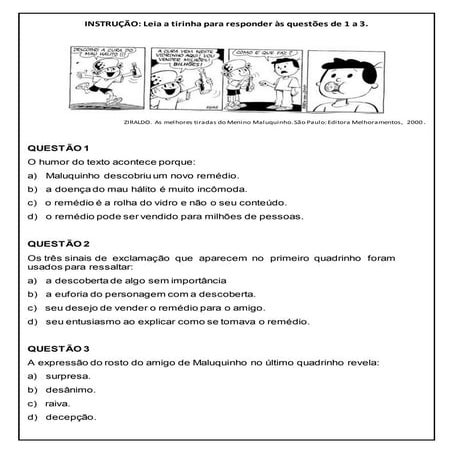 Interpretação de tirinhas menino maluquinho