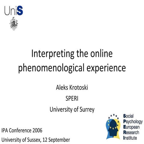 Interpreting The Online Phenomenological Experience 1.0 11 Sept 06