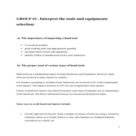 Interpret the tools and equipments selection
