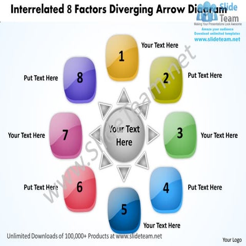 Interrelated 8 factors diverging arrow diagram cycle chart power point templates