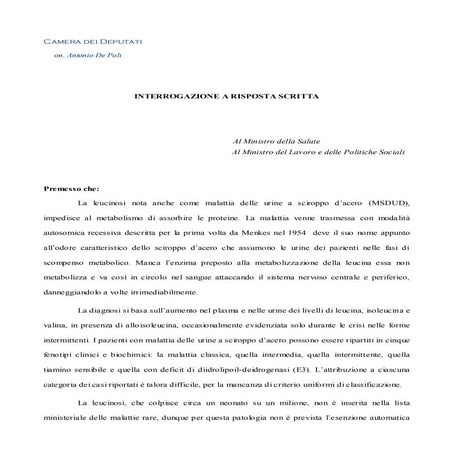 Interrogazione on.Antonio De Poli a Ministro Salute su malattia rara leucinosi