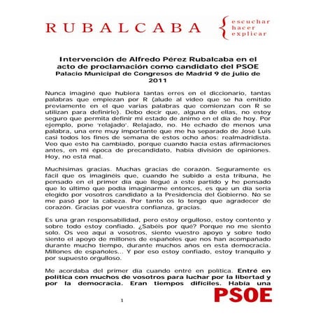 Rubalcaba. Intervención acto de proclamación