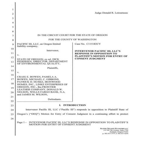 Intervenor Opposition to DEQ motion for Entry of Consent Judgment | PDF