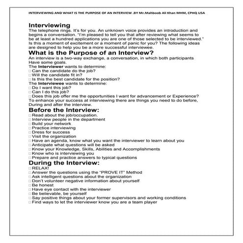 Interviewing and its purpose ...