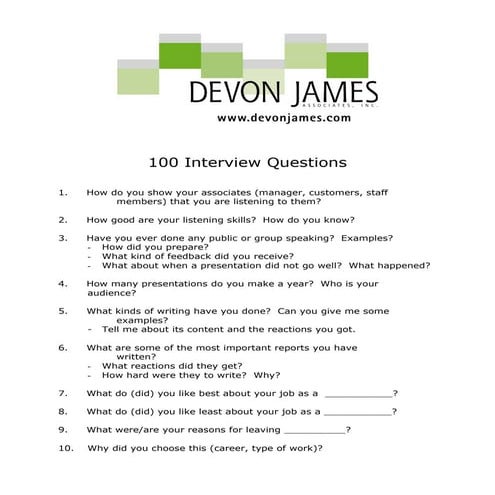 100 Interview Questions from Colleen Aylward of Devon James Associates, Inc.