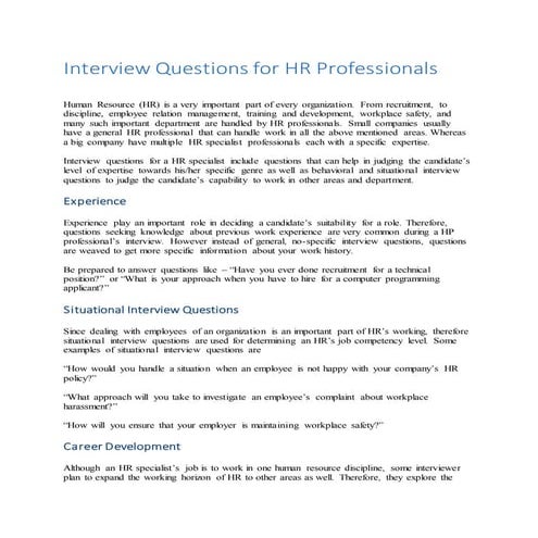 Interview questions for hr professionals