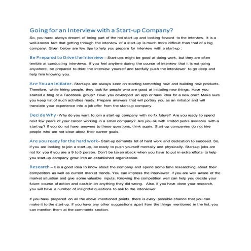 Interview tips for start up
