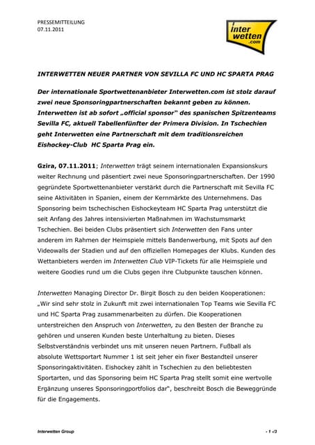 Interwetten Neuer Partner Von Sevilla Fc Und Hc Sparta Prag Pdf