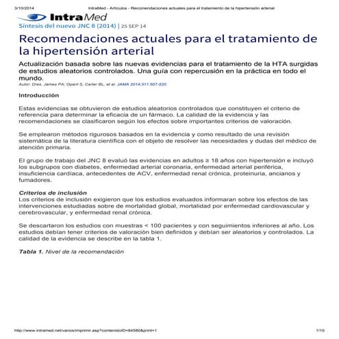 Recomendaciones para el tratamiento de la HTA - JNC8 2014