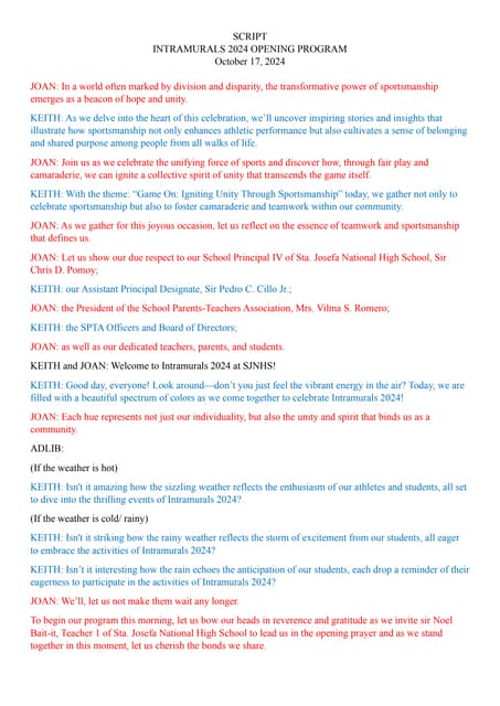 INTRAMURALS 2024-2025 EMCEE SCRIPT OPENING | DOCX | Summer Olympic ...