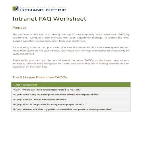 Intranet Faq Worksheet