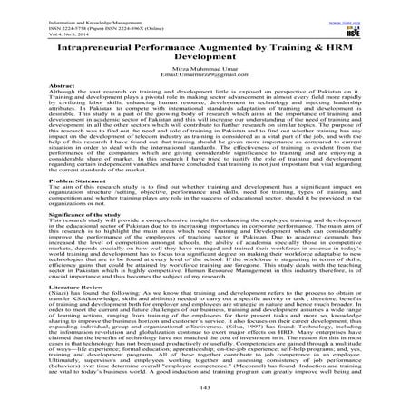 Intrapreneurial performance augmented by training & hrm development